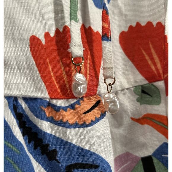 NEW CeCe Multi-Color Print Puff Sleeve V-Neck Tie Front Peplum Blouse Size Large - Picture 7 of 10